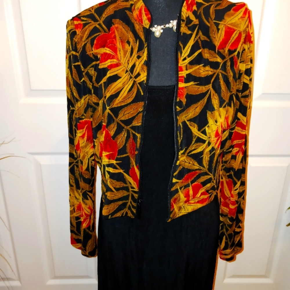 Jessica Howard 2pc Maxi Dress Jacket 12 BlackDress/Print Jacket
